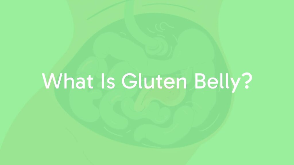A bloated stomach with discomfort after eating gluten, illustrated with simple digestive distress symbols like a wheat icon and swirling gas bubbles, clean and educational style.