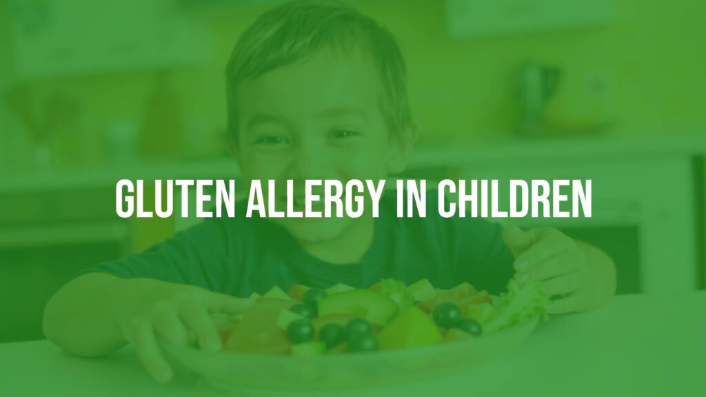 Happy child eating gluten-free food, colorful plate with fruits and vegetables, bright kitchen background, cheerful and healthy atmosphere.