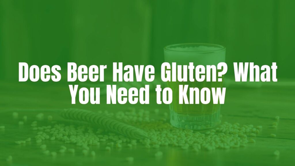 A glass of golden beer next to a gluten-free label, barley and wheat grains scattered on a wooden table, warm lighting, realistic.