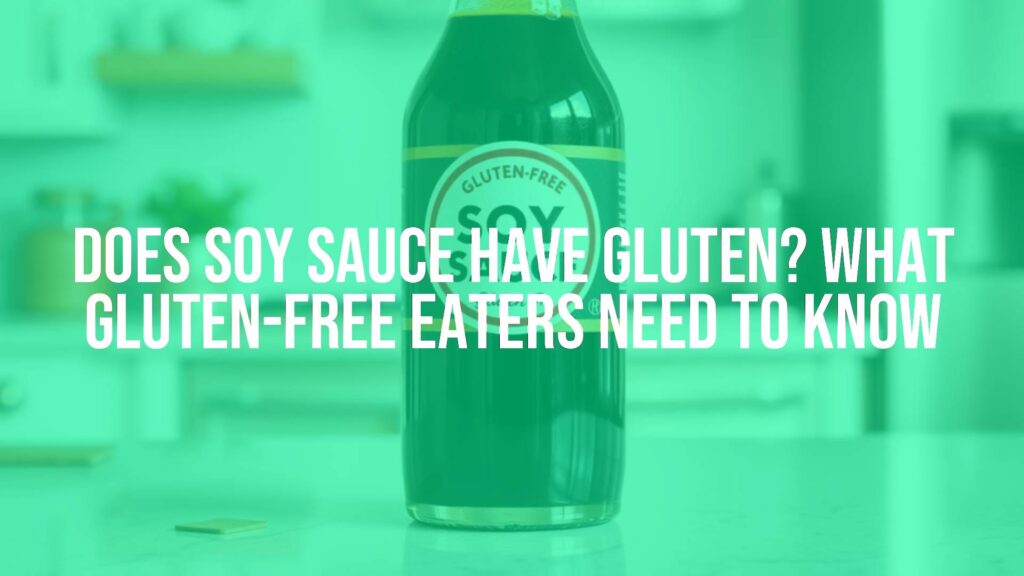 A bottle of soy sauce and a gluten-free label, clean modern kitchen background, realistic.