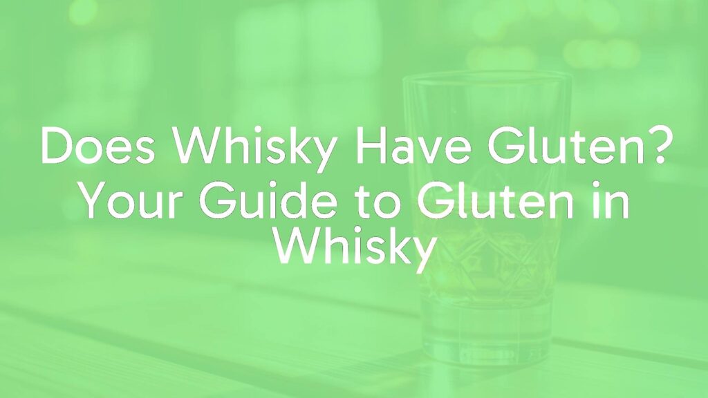 A glass of golden whisky on a wooden table, gluten-free label nearby, warm lighting, realistic.