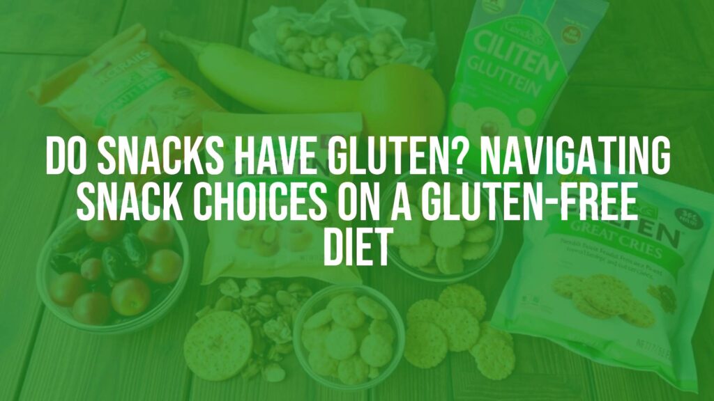 Assorted gluten-free snacks on a wooden table, including fruits, nuts, and labeled gluten-free crackers, bright and inviting, realistic.