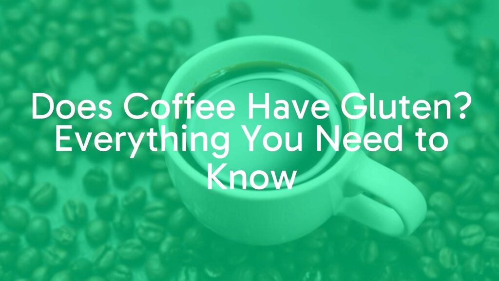 A cup of black coffee with coffee beans scattered around, clean and simple background, gluten-free label visible, realistic style.